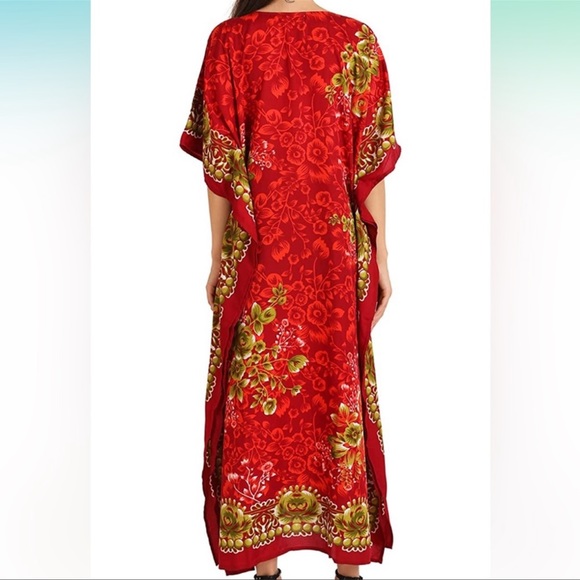 Lavish London Caftan Red Poppy Green Roses Maxi Dress Beach Cover Up Size 1X - Picture 5 of 10